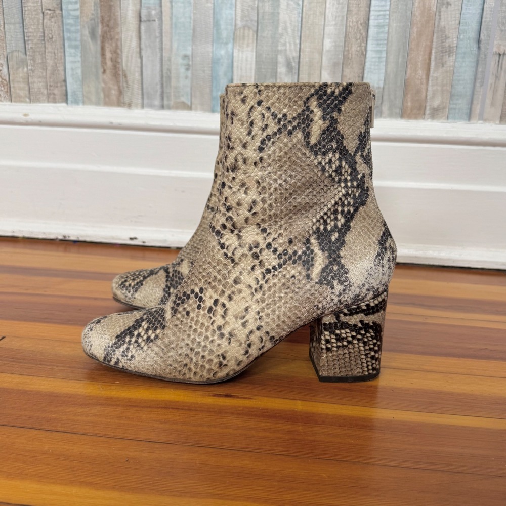 Free People 38 7.5 Cecile Ankle Boots Snakeskin Print Block Heel Neutral Booties - Picture 7 of 16